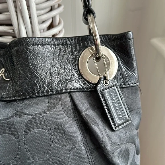 COACH Black Signature C Sateen Shoulder Bag with Creased Leather Trim - Picture 3 of 16